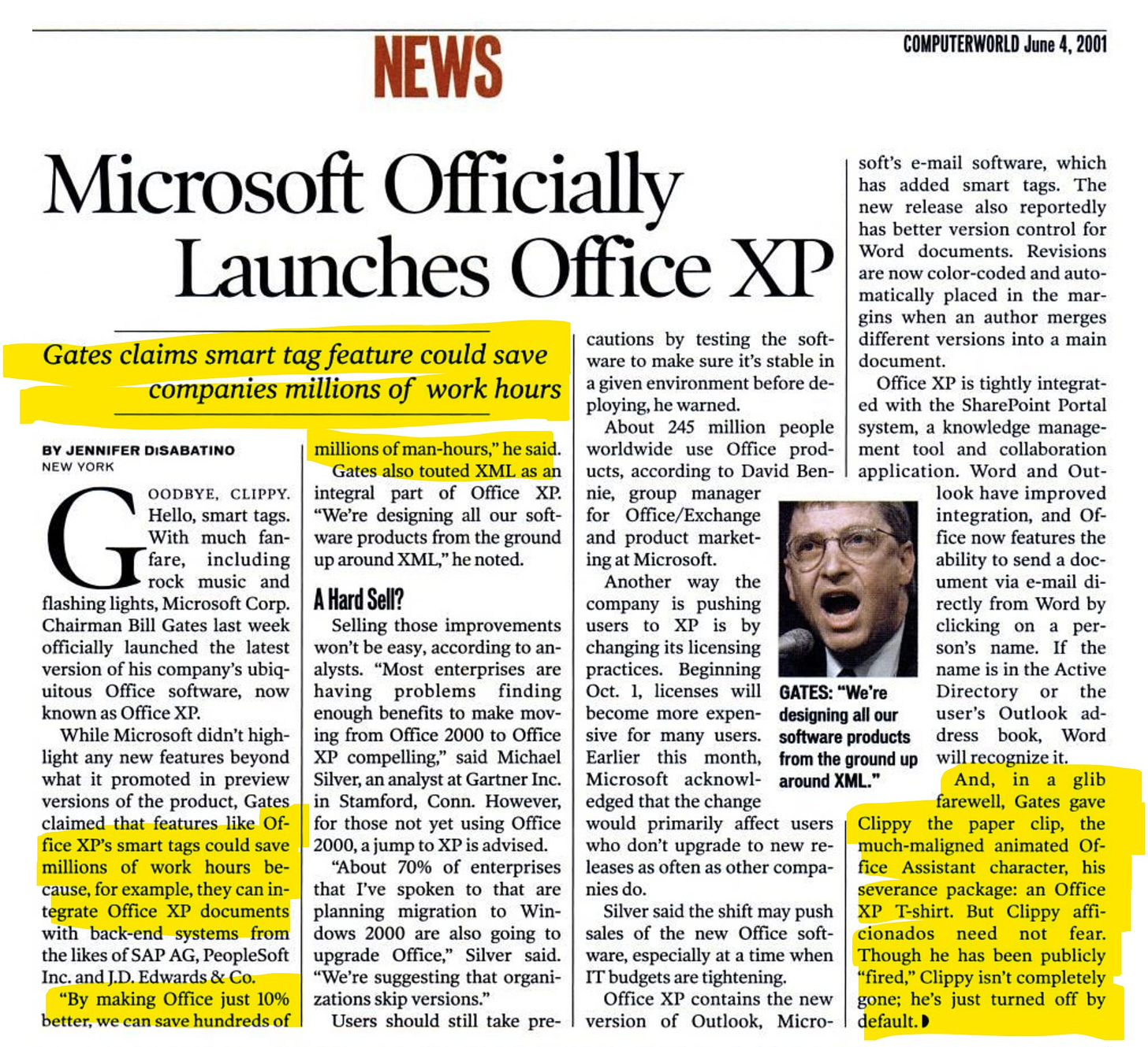 Microsoft Officially Launches Office XP: "Gates claims smar tag feature could save companies millions of work hours"