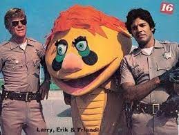 Vintage Los Angeles - In honor of Erik Estrada's birthday, here's a shot of  H.R. Puffinstuff with Erik and Larry Wilcox in a publicity "Chips" photo  for 16 Magazine. I'll be doing