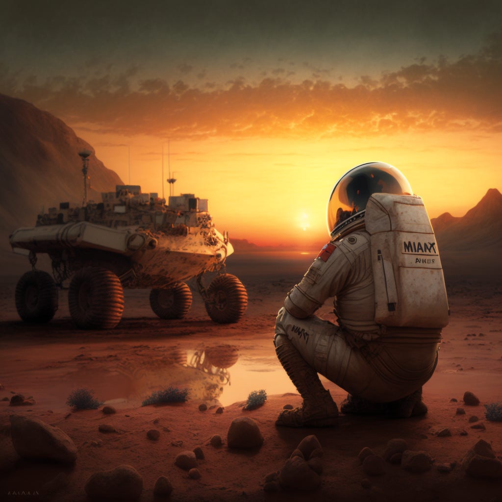 Mark Watney, the main character of the film "The Martian", meets Curiosity rover during the sunset on Mars