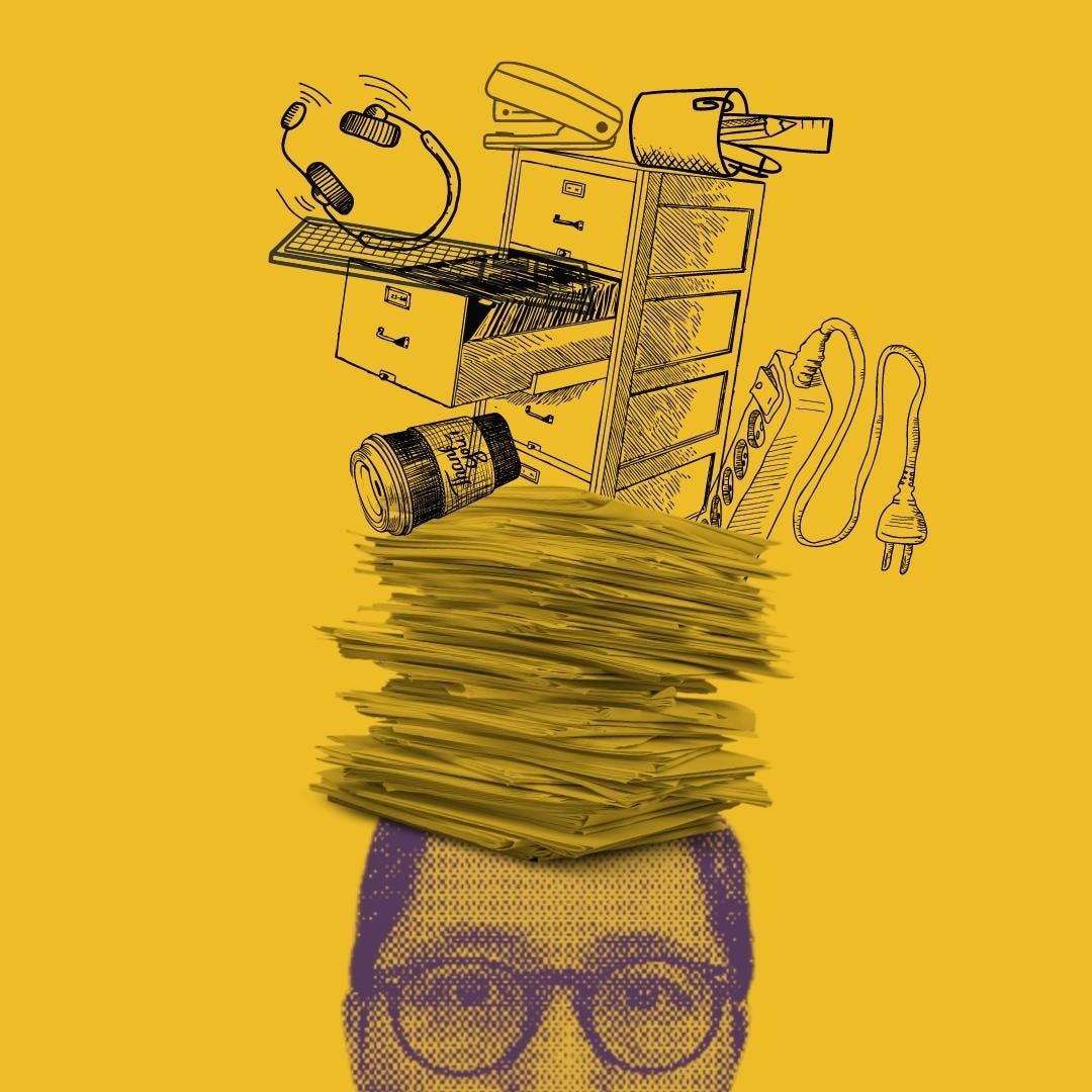 A collage art showing Stella' head piled high with paperwork, a file cabinet, headset, computer keyboard, stapler, pencil cup holder and an extension cord.