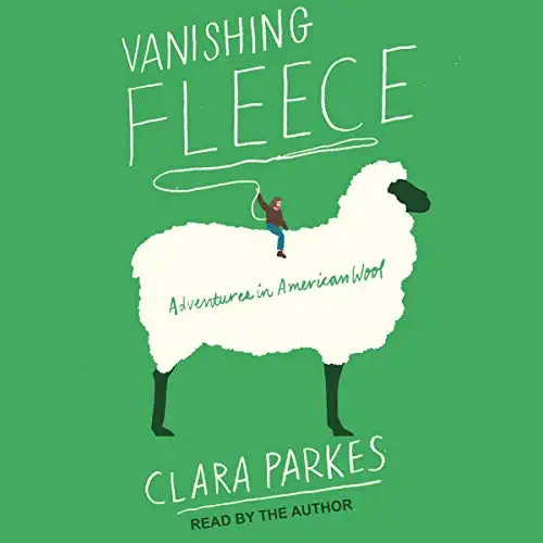 The audiobook cover of Vanishing Fleece, featuring an illustration of a white sheep with a small figure sitting on its back. The background is green.