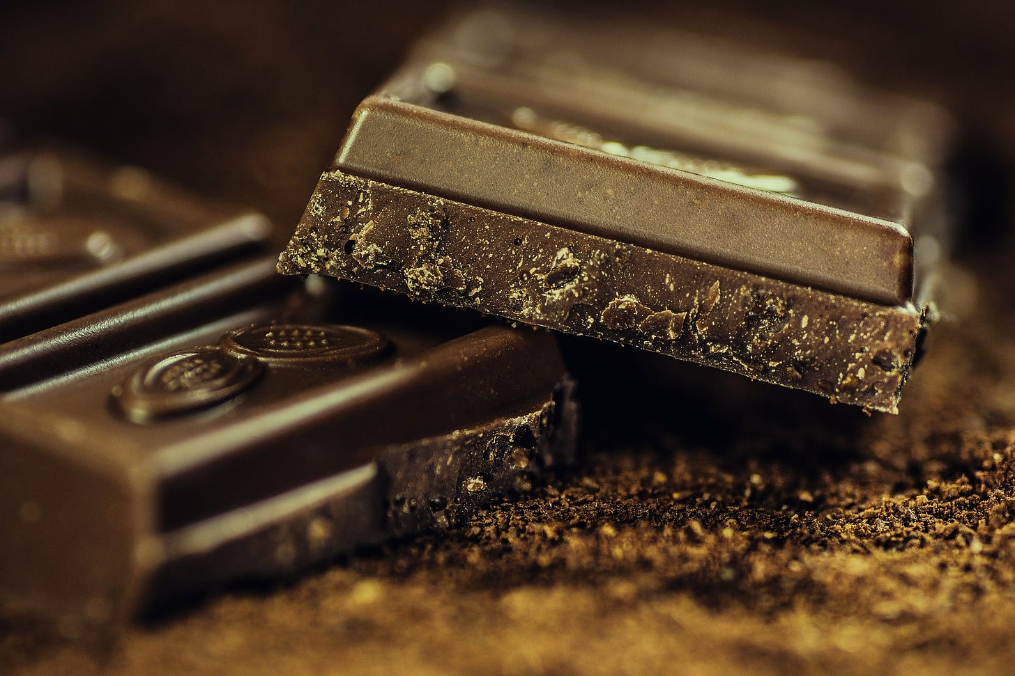 Close up of squares of dark chocolate