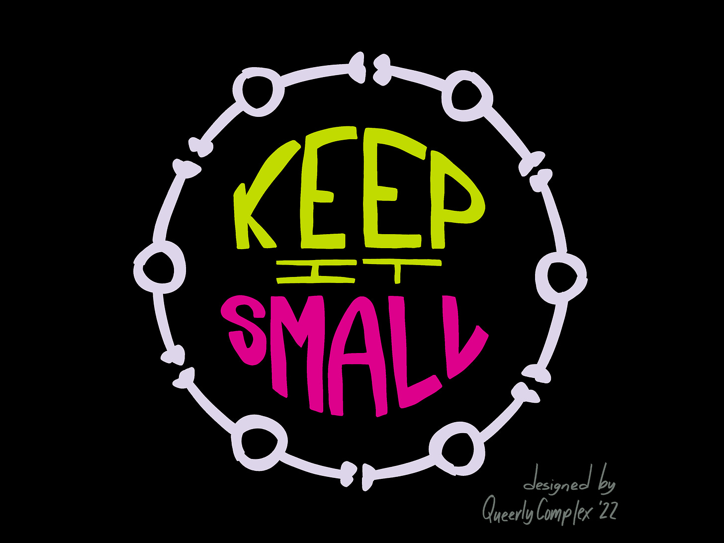 "Keep it small" in hand lettering with a image representing six people with their arms outstreached holding hands in a circle. Designed by Queerly Complex.