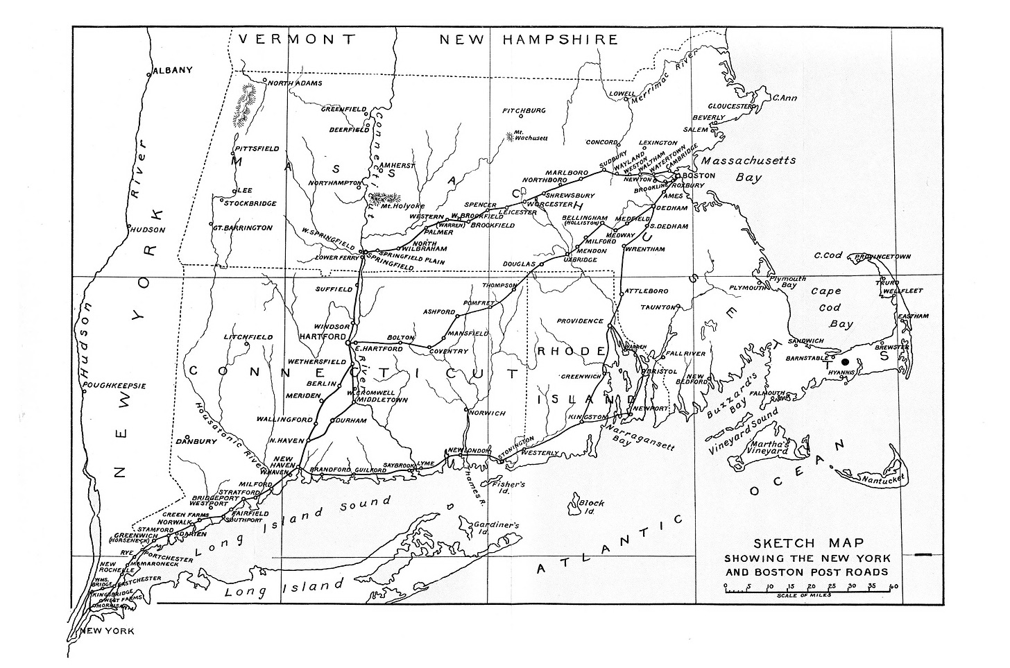 New York and Boston Post Roads taken by Sarah Kemble Knight in 1704 Map