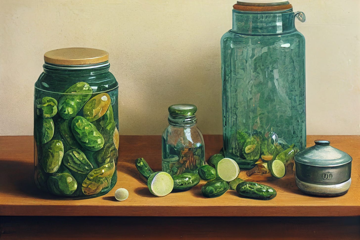 a magic pickle jar on an old kitchen counter