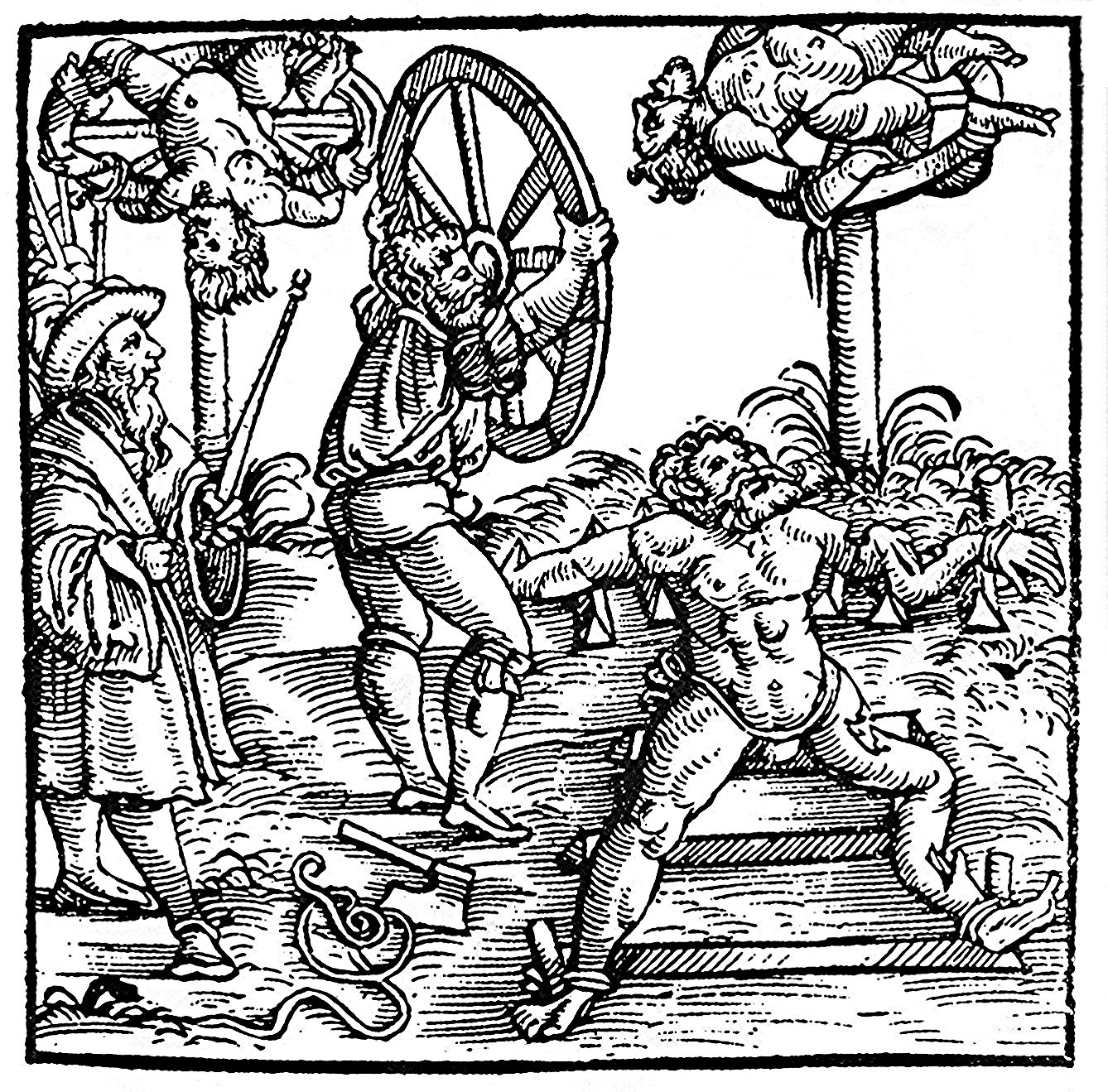 Bavarian illustration of execution by wheel from 1586, via Wikipedia: A prisoner is having his limbs broken with a wheel in the foreground, “with wheel crucifixions in the background.” It looks unpleasant!