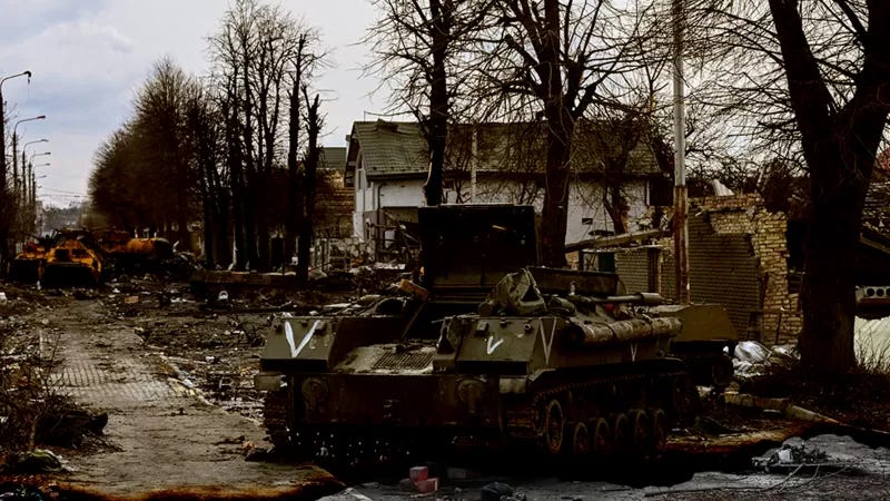 Russian armoured vehicle destroyed in Bucha, March 4, 2022. © AFP via Getty Images