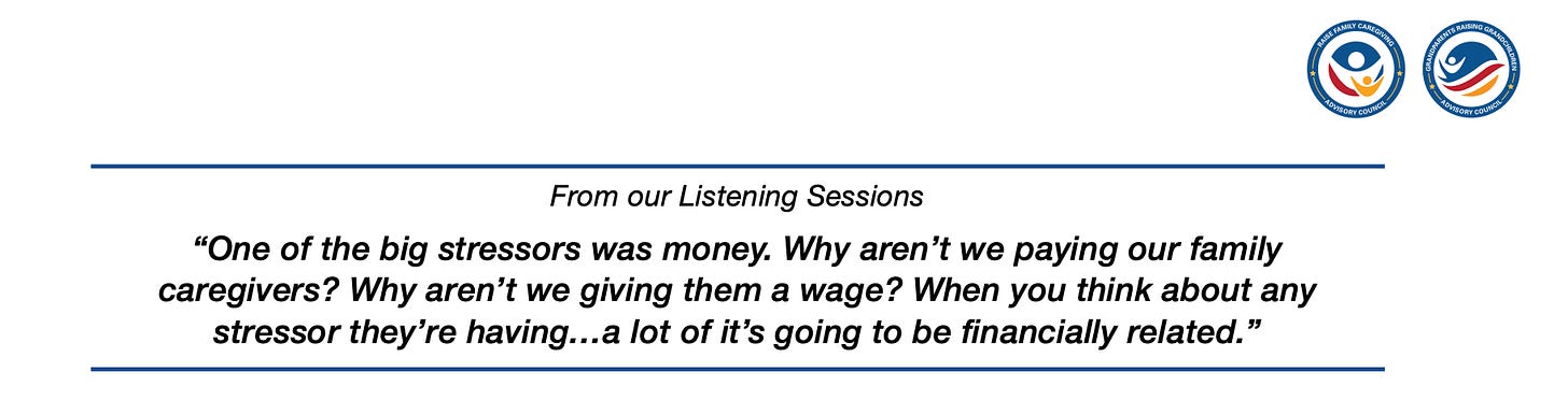 Bolded text outlined in blue reads: “From our Listening Sessions. “One of the big stressors was money. Why aren’t we paying our family caregivers? Why aren’t we giving them a wage? When you think about any stressor they’re having…a lot of it’s going to be financially related.”