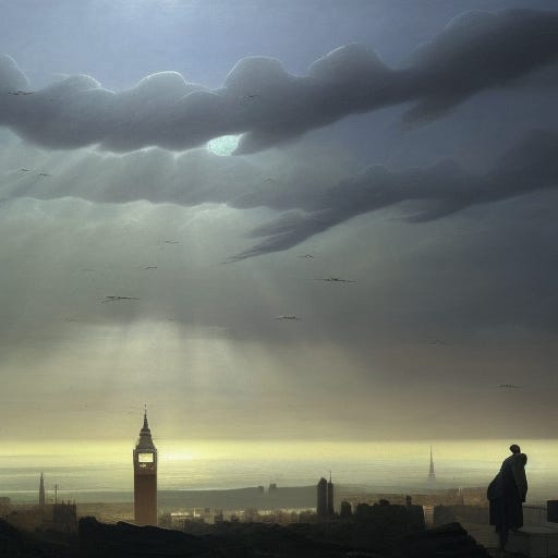 15 people flying from London to New York, by Caspar David Friedrich, matte painting trending on artstation HQ (created with Stable Diffusion)