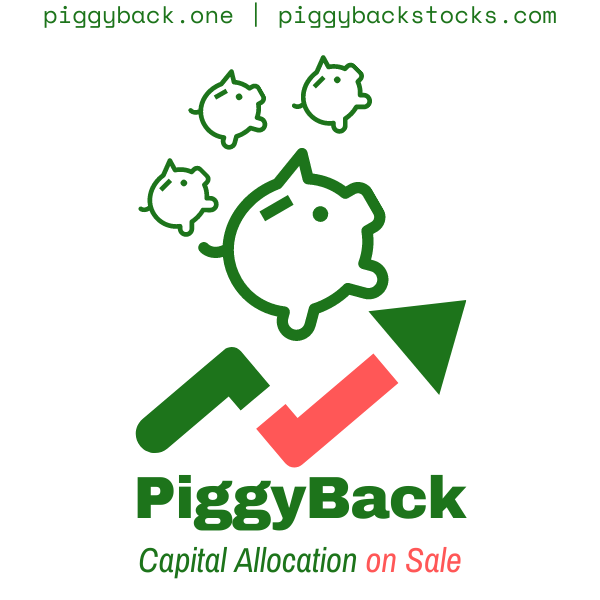 Piggyback logo with 3 smaller piggybacks "piggybacking" on top of a larger piggybank, who is climbing an upward pointing zig-zag-zig market arrow. Source: PiggyBack
