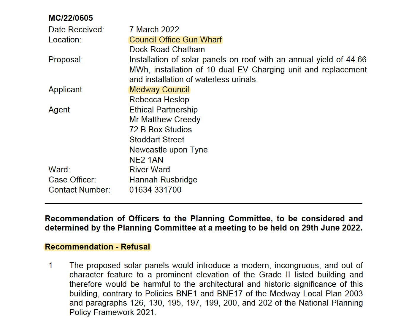 Medway Council planning document that proposes refusal for Medway Council's own planning application to install solar panels on the roof of Medway Council's headquarters.