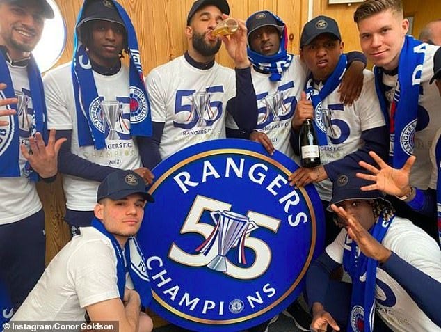 The beers were flowing as the Rangers players celebrated their title triumph on Sunday