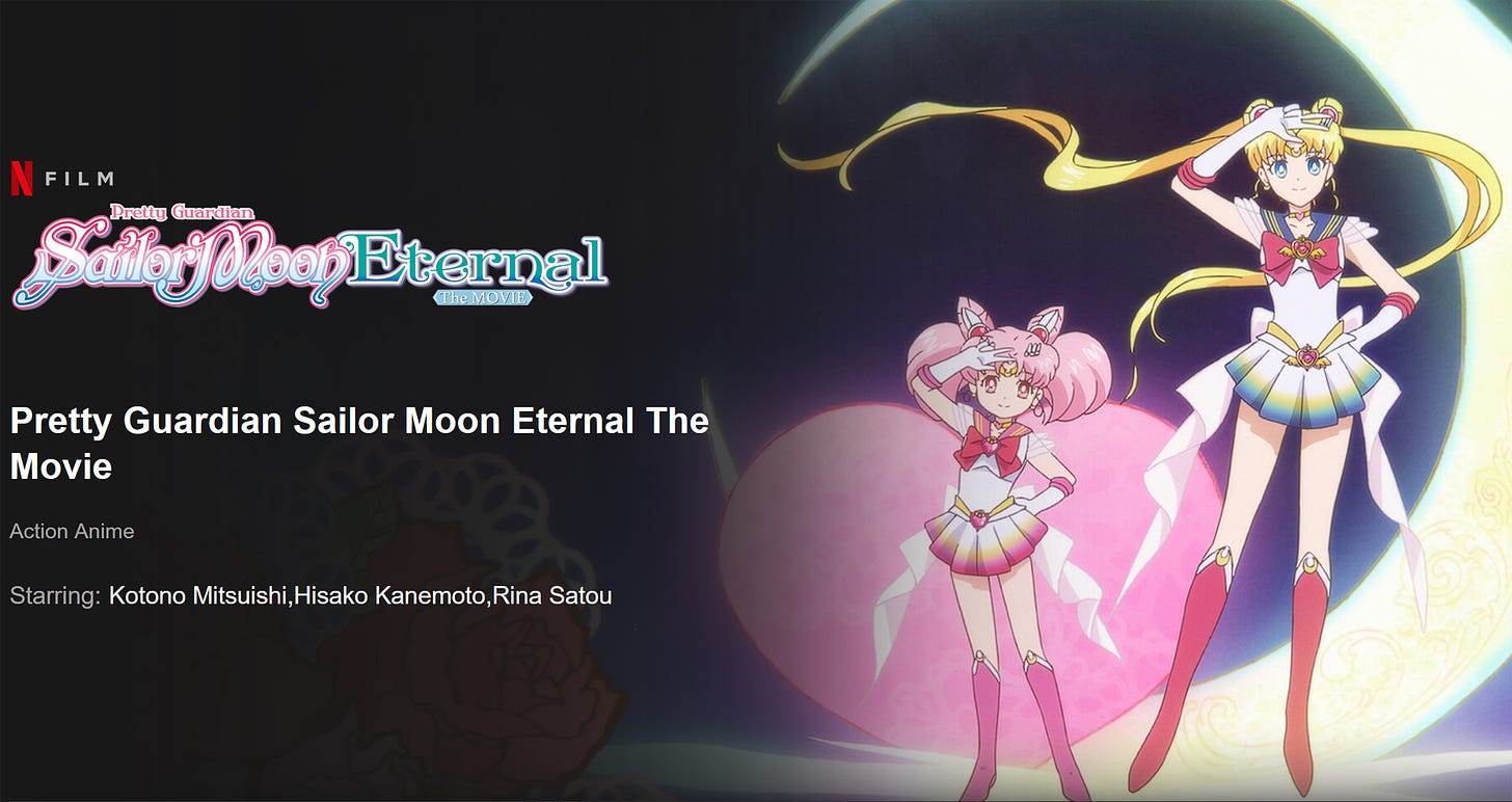 Netflix streaming page for Sailor Moon Eternal The Movie Part 1 and Part 2.