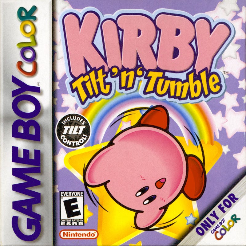 The North American box art for Kirby Tilt 'n' Tumble, featuring Kirby tumbling beneath the game's logo.