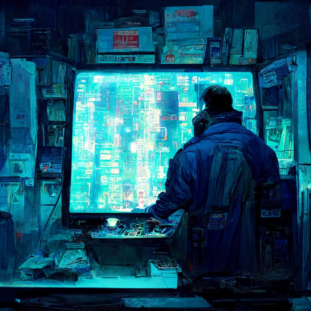Homem com jaqueta azul olhando para tela de computador