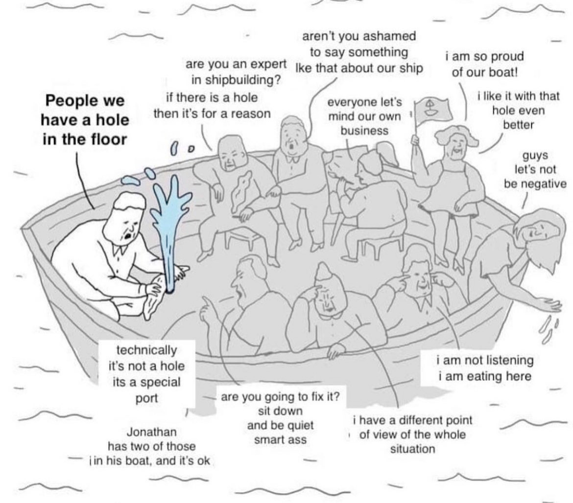 Cartoon drawing of people in a boat one person is trying to repair the hole and says People we have a hole in the floor and the other people are saying the following things are you an expert on shipbuilding if there's a hole then its there for a reason arent you ashamed to say something like that about our ship everyone lets mind our own business i am so proud of our boat i like it with that hole even better guys lets not be negative i am not listening i am eating here i have a different point of view of the whole situation are you going to fix it sit down and be quiet smart ass jonathan has two of those in his boat and its ok technically its not a hole its a special port