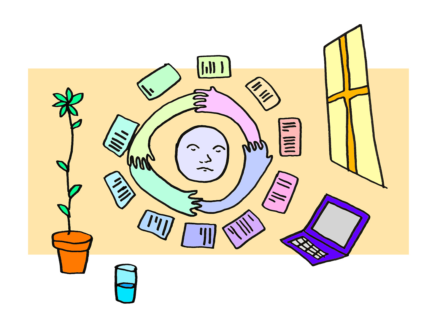A plant pot, half filled glass of water, a laptop, a window, and a calm emoji around which a circle is made of four hands
