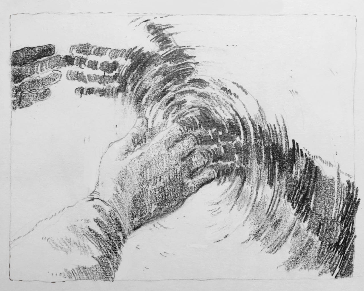 a pencil sketch of a hand reaching into what looks like a mirror, but like water, the hand disappears into the mirror. there is a shadow of the hand like a reflection as well.