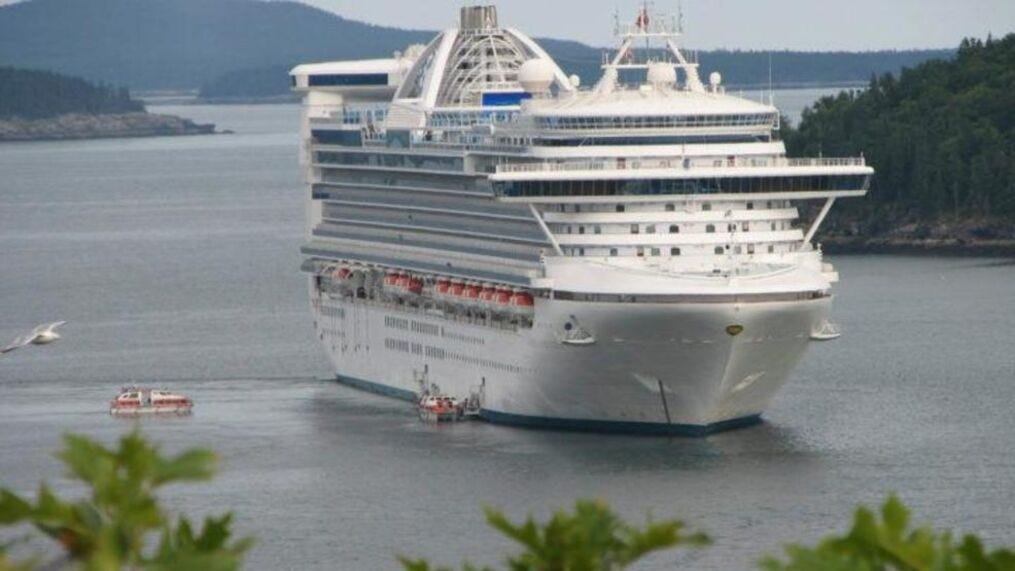 The cruise ship Caribbean Princess sits anchored in Frenchman Bay off downtown Bar Harbor in this 2008 file photo. The ship is among several owned by Carnival Corp. that are expected to visit Bar Harbor and Portland this summer. This week, Carnival was ordered in federal court to pay a $20 million penalty for continuing to repeatedly break environmental laws, despite having been fined $40 million two years ago for prior pollution dumping violations.(Bangor Daily News/Bill Trotter)