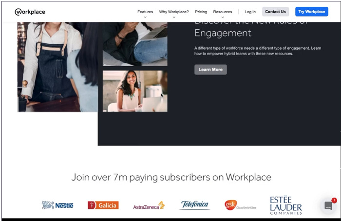 Workplace, a SaaS website, shifts their call to action “Try workspace” to a blue button in the top right as the user scrolls down the page, so they can jump to the primary action no matter where they are on the website.