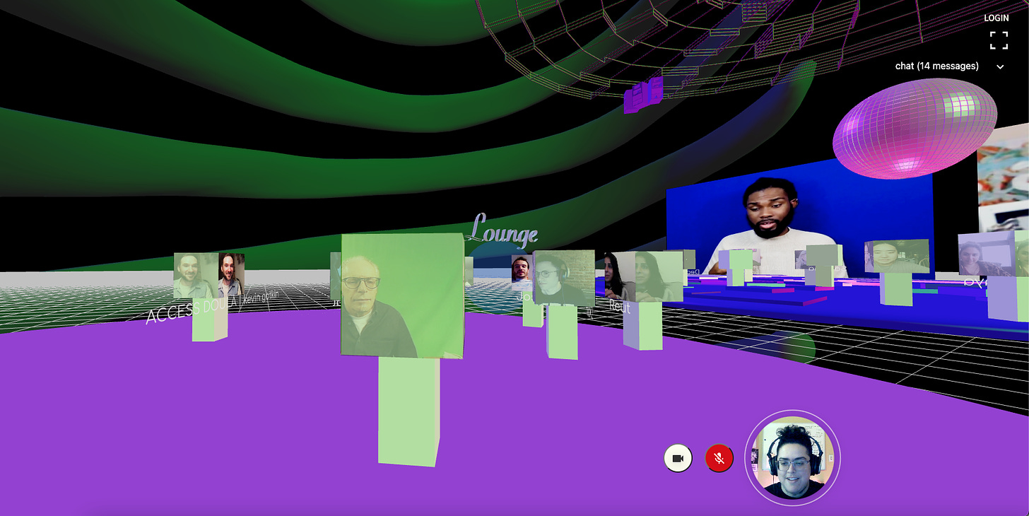 The inside of a virtual world designed by Yo-Yo Lin shows avatars on a dance floor.