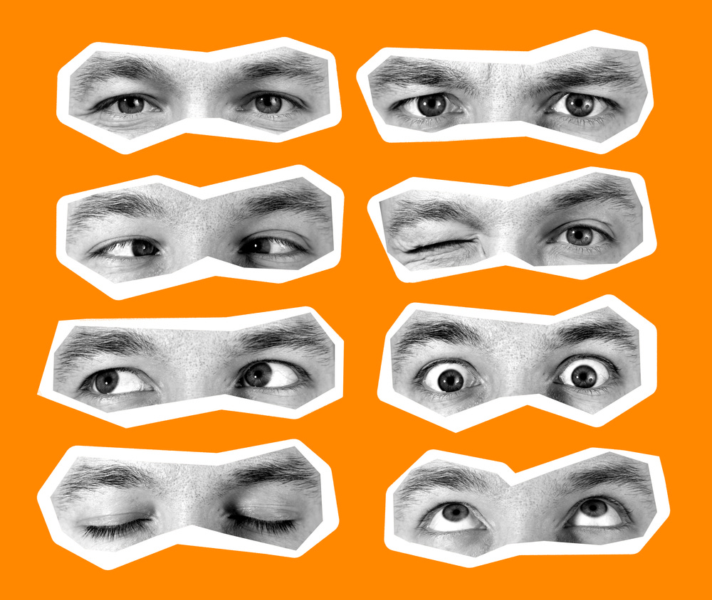 Collage in magazine style with emotional man's eyes gestures set. Boy eyes and eyebrows close up with expressing different emotions. Black and white toned sunny summer colorful orange background