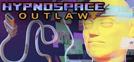 Arte promocional de Hypnospace Outlaw, com o logo do jogo no canto superior direito. A direita, o desenho de uma cabeça humana em amarelo, com um cabo USB saindo dela e indo para a esquerda.