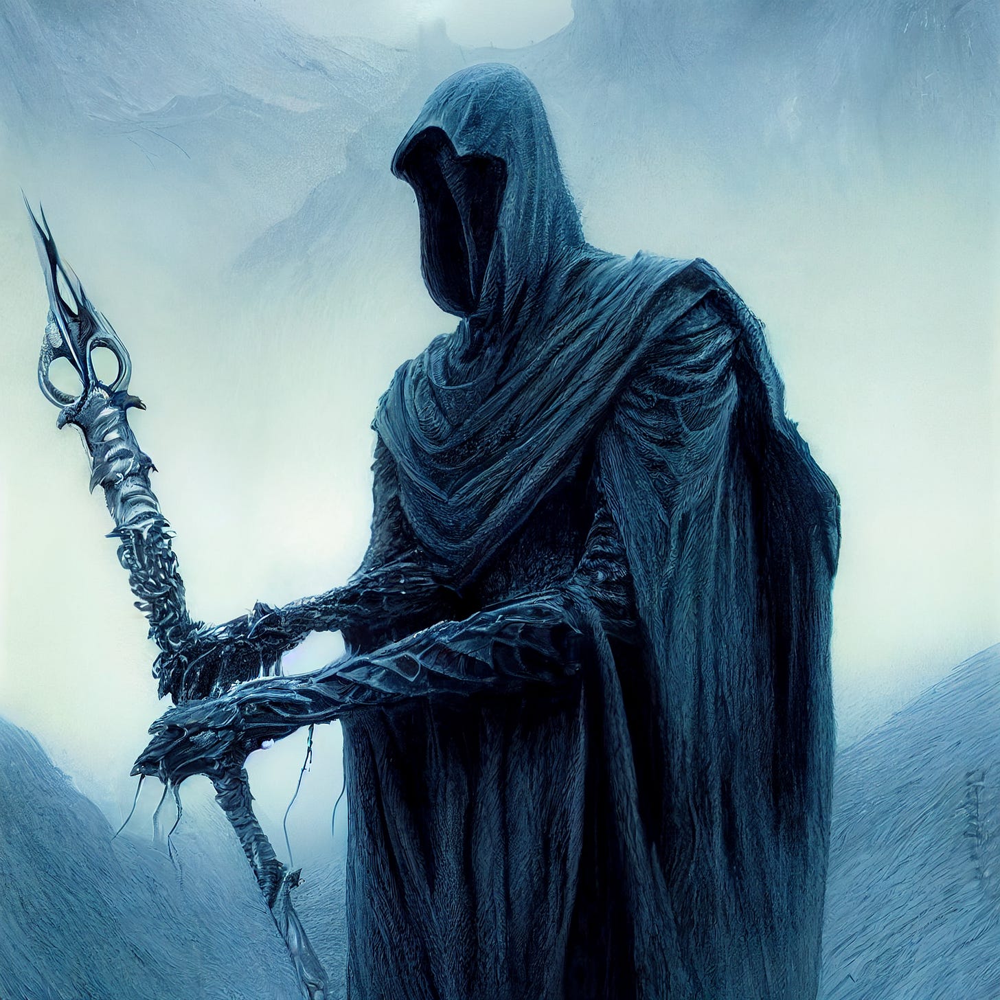 a ringwraith clutching a morgul-blade standing on a battlefield, style by John Howe, ultrarealistic