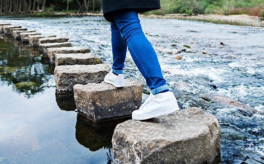 Woman Crossing Stepping Stones On A River Stock Photo ...