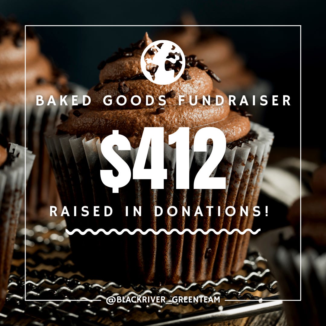 [Image description: chocolate cupcake with chocolate frosting and sprinkles sits on rustic wooden table. white logo of the Earth is in top center and a white rectangular frame surrounds white text, which reads: "baked goods fundraiser. $412 raised in donations! @blackriver_greenteam."]