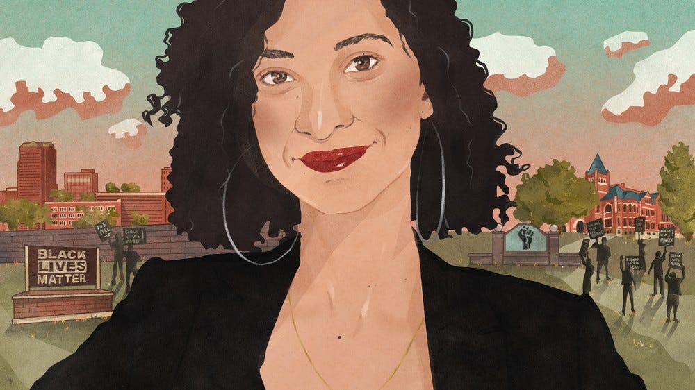 illustration of me with red lipstick, light brown skin, and hoop earrings. images of Black lives matter protesters in the background.