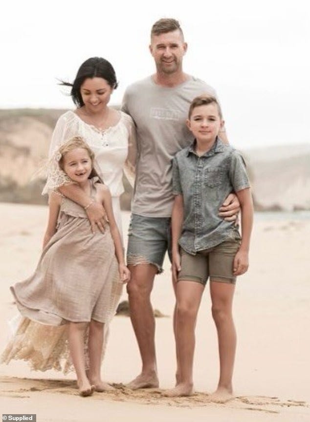 The couple met 16 years ago while Bec Barry (left, with children Zali, 9, and Taj, 12), now 39, was working in a bank and when (right) came in for a credit card as he was heading overseas