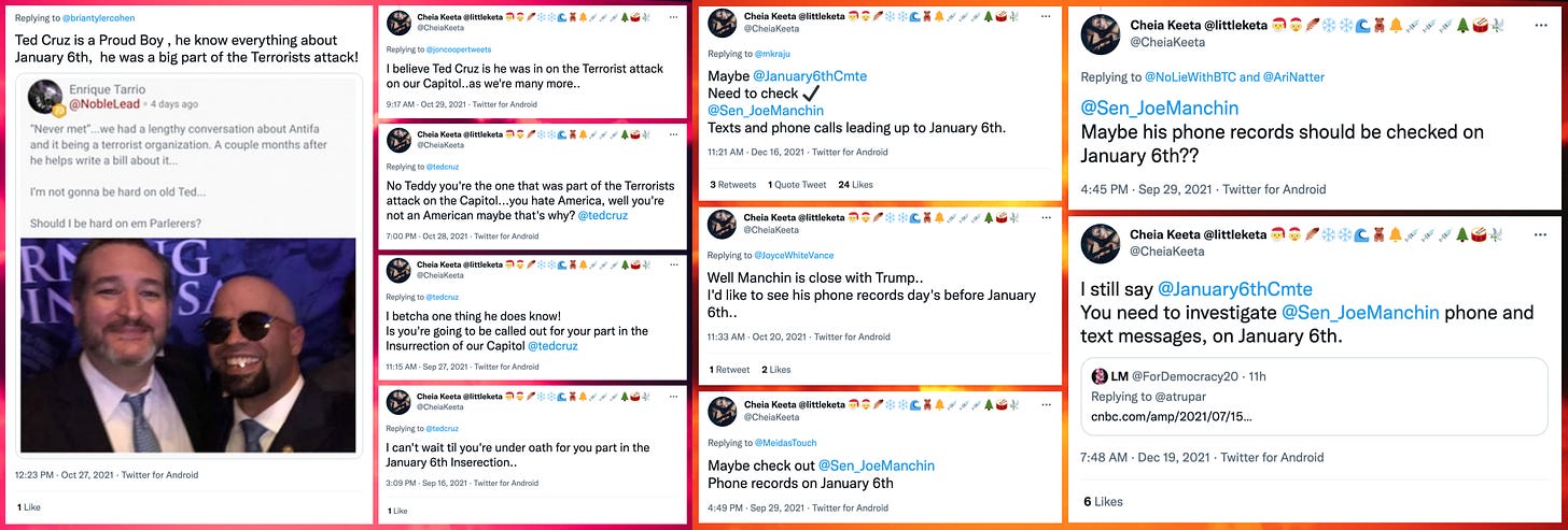 collage of @CheiaKeeta tweets accusing Joe Manchin and Ted Cruz of being involved in the Jan 6th insurrection