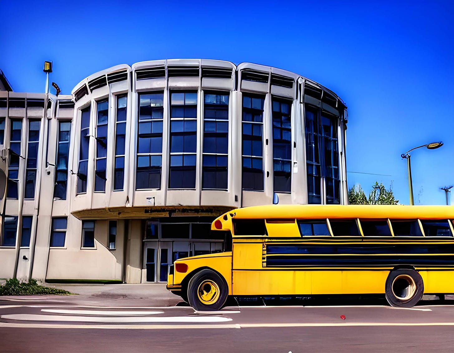 AI-generated photo image, school building, yellow school bus