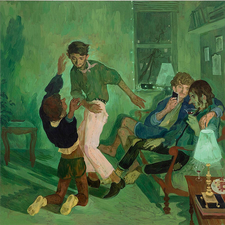 A painting of four men in a living room. Two are dancing and two are sitting on a sofa.