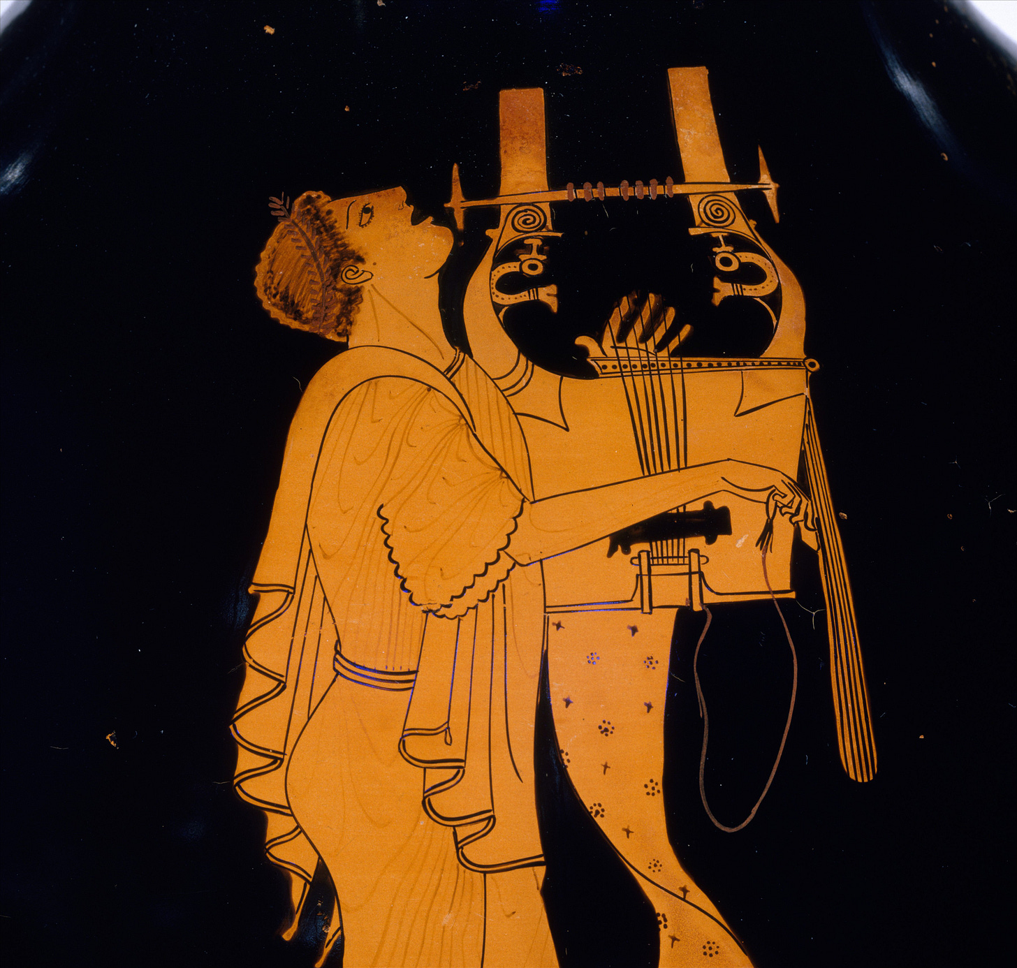 A greek vase painting of a man playing a lyre.  His head is thrown back in ecstatic song as he plucks the strings of the instrument.