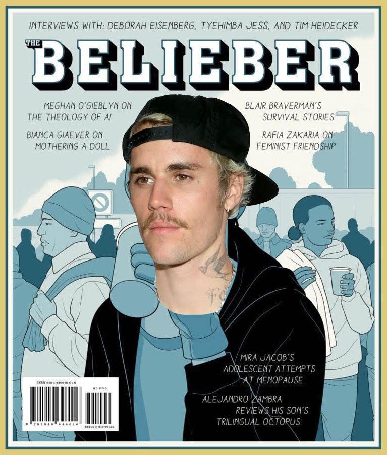 The cover of the new Belieber Magazine, with Believer Mag’s characteristic block-letter title and single-color illustration style but Justin Bieber hastily photoshopped in. The cover of the new Belieber Magazine, with Believer Mag’s characteristic block-letter title and single-color illustration style but Justin Bieber hastily photoshopped in.