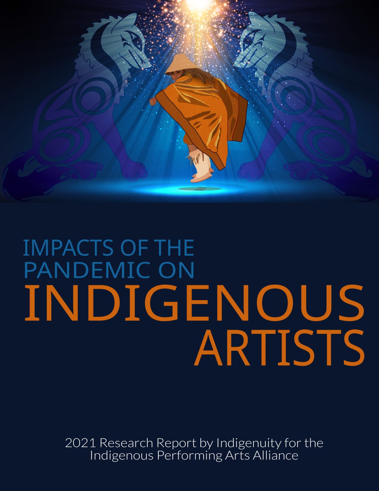 Cover of Impacts of the Pandemic on Indigenous Artists: 2021 Research Report by Indigenuity for the Indigenous Performing Arts Alliance. Cover image: “Wolf Dancer” by Marissa Nahanee.
