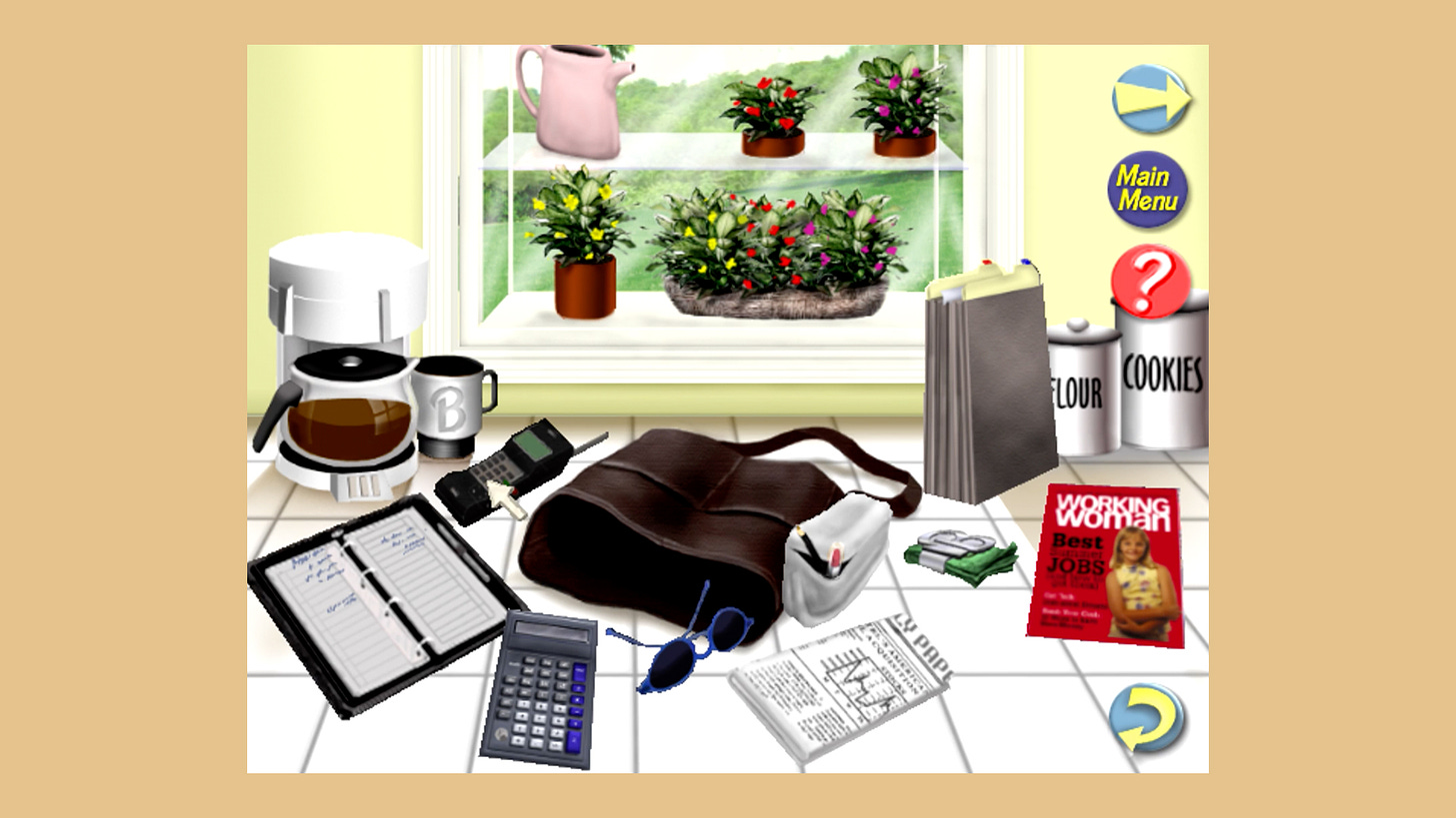 An illustration of a kitchen countertop and window with lush, flowery pants. On the counter is a purse, a coffee maker, planner, calculator, sunglasses, newspaper, pencil case, file folder, money clip, and magazine titled “Working Woman”. A computer cursor hovers over a bulky cell phone.