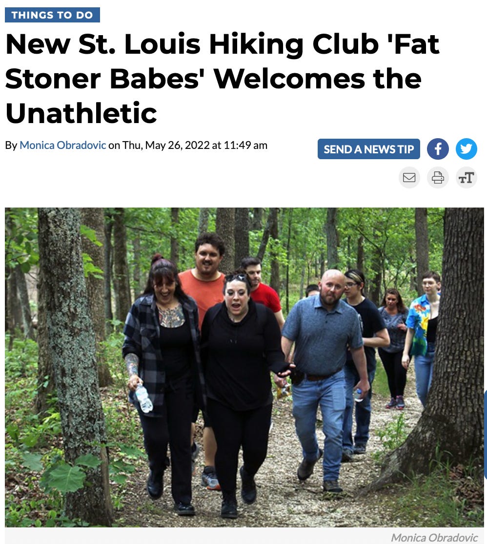A screenshot from River Front Times with the headline, "New St. Louis Hiking Club 'Fat Stoner Babes' Welcome the Unathletic"