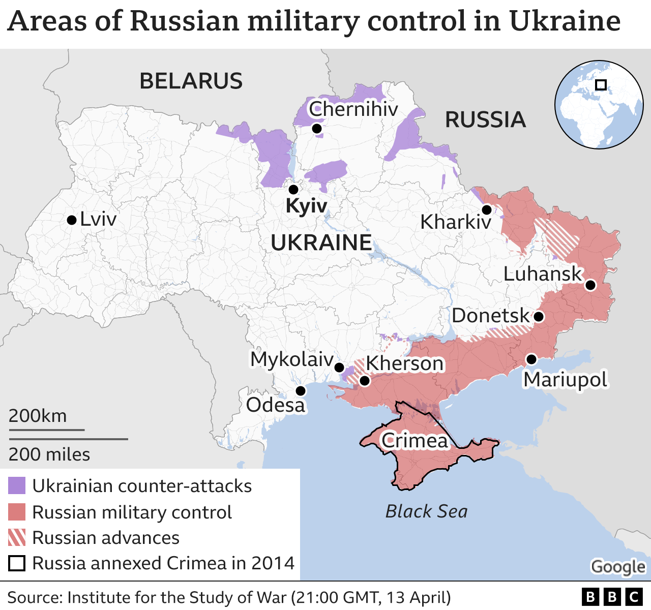 Map showing areas under Russian control and areas retaken by Ukrainian counter-attacks