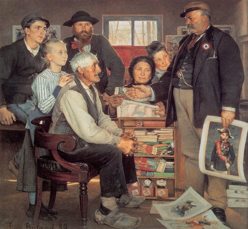 Pintura ilustrando um agente Boulangista fazendo propaganda para o General. Métodos de impressão mais baratos fizeram dessa a primeira campanha democrática iconográfica. Jean-Eugène Buland, Propagande, 1889 (Musée d’Orsay).