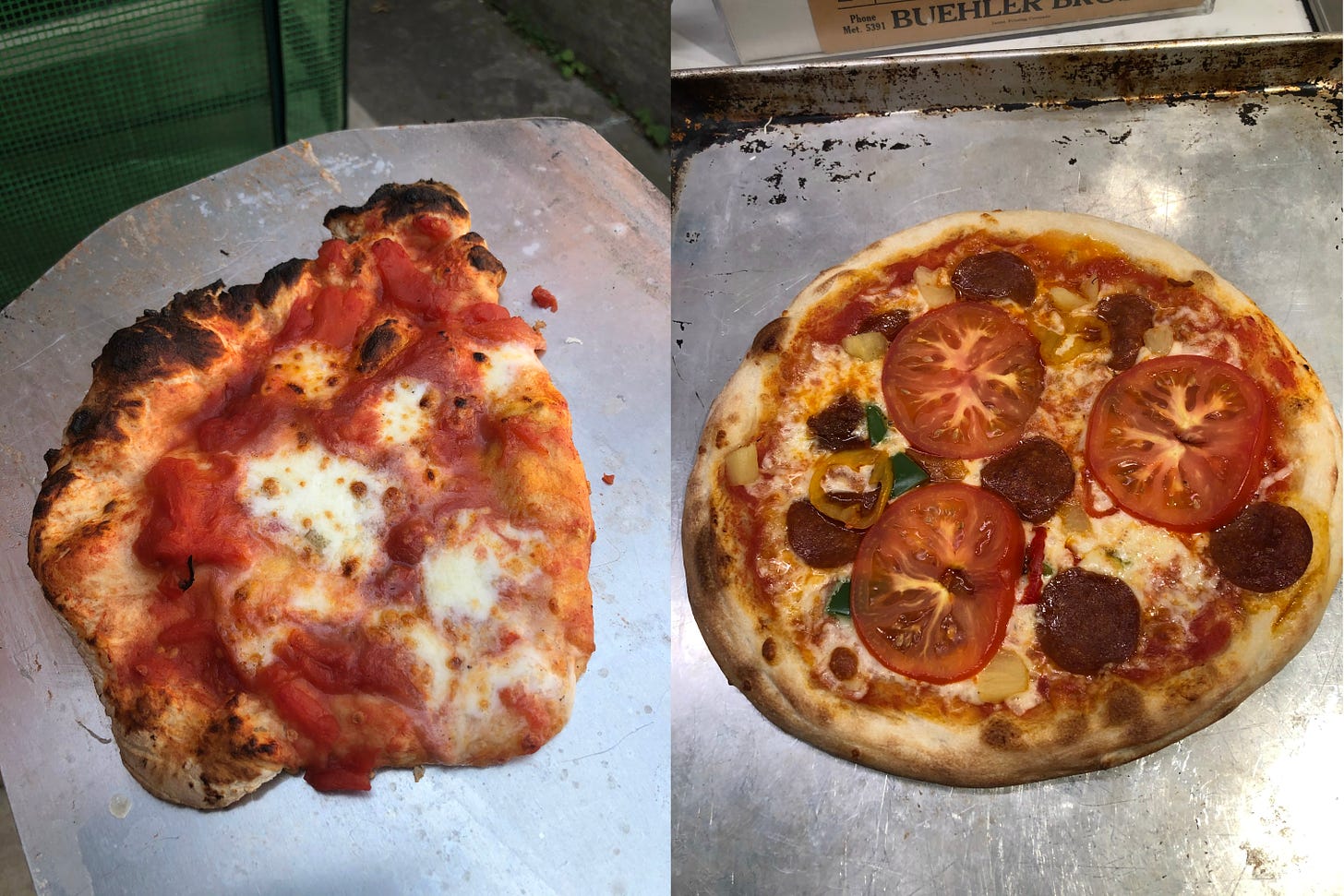 Badly misshapen pizza on left, proper pizza on right.