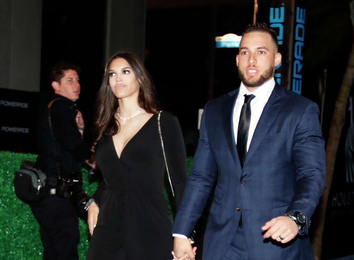 Houston Astros outfielder George Springer the blue carpet with his wie, Charlise, before the start of the Houston Sports Awards at the Hilton Americas, Thursday, Feb. 8, 2018, in Houston. ( Karen Warren / Houston Chronicle )