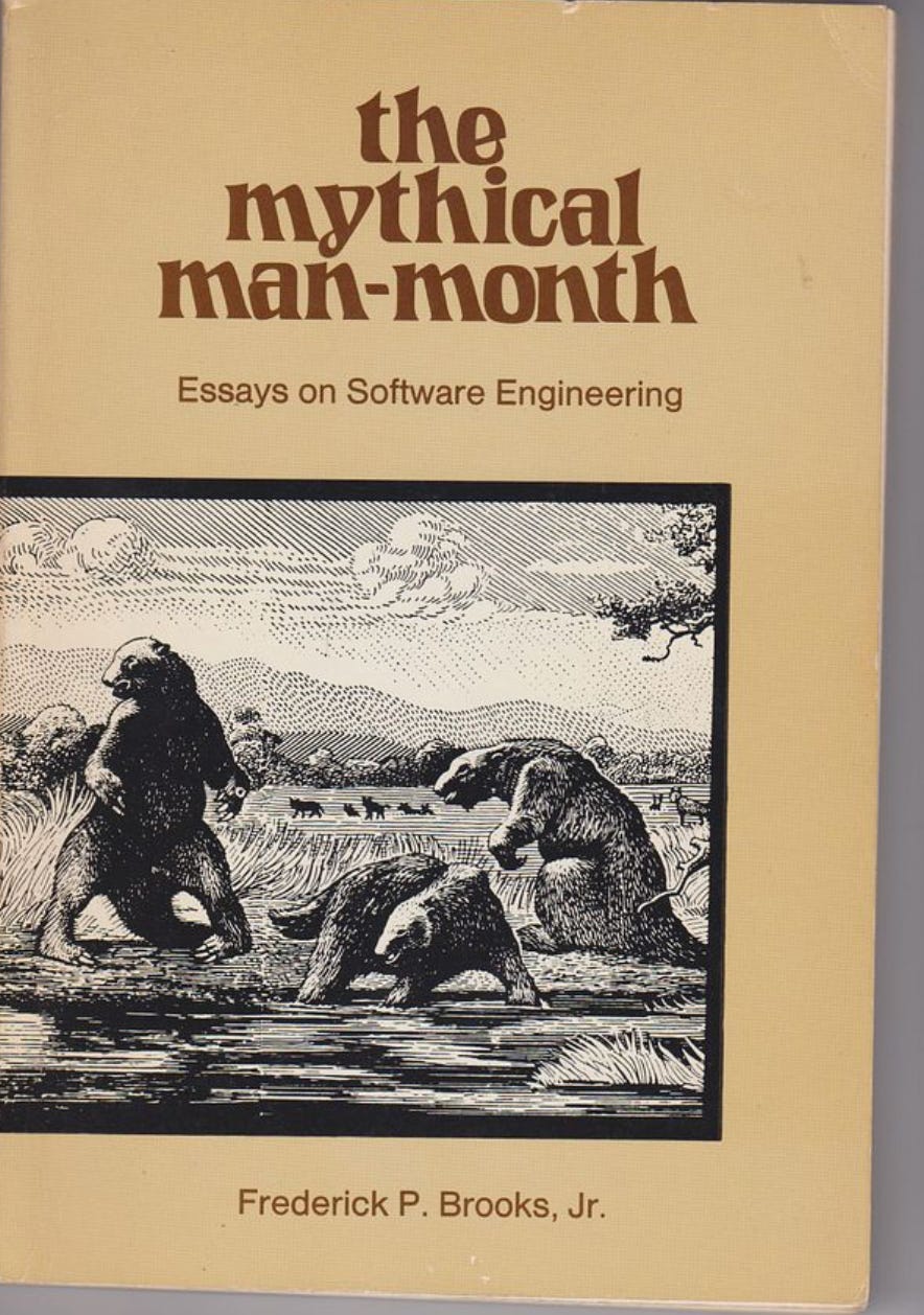 Book cover "The Mythical Man-Month: essays in software engineering" by Frederick P. Brooks, Jr