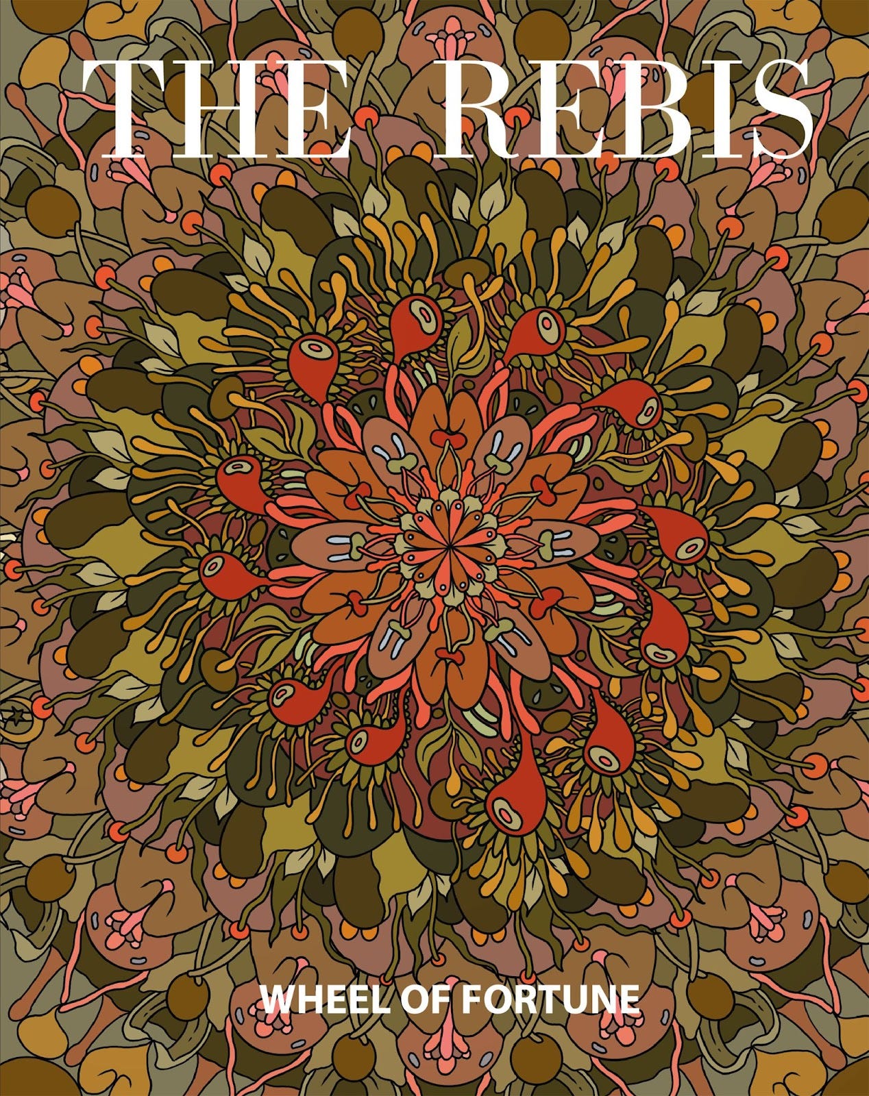 The cover art for The Rebis: Wheel of Fortune, featuring an earth-toned mandala made up of leaves and other organic shapes that are green, brown, and red in color.
