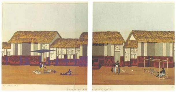 Kente royal cloth (see top image) weaver on Adum Street in Kumasi, Ghana, 1819. (Thomas Edward Bowdich / Public domain)