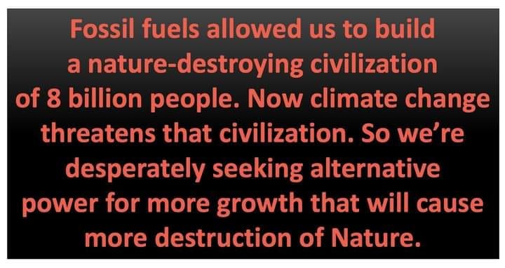 May be an image of text that says 'Fossil fuels allowed us to build a nature-destroying civilization of 8 billion people. Now climate change threatens that civilization. So we're desperately seeking alternative power for more growth that will cause more destruction of Nature.'
