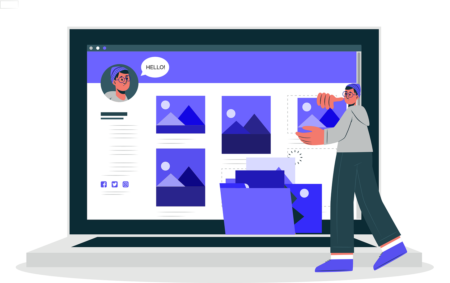 An illustrated depiction of a designer physically organizing parts of his digital portfolio onto the screen of a laptop An illustrated depiction of a designer physically organizing parts of his digital portfolio onto the screen of a laptop