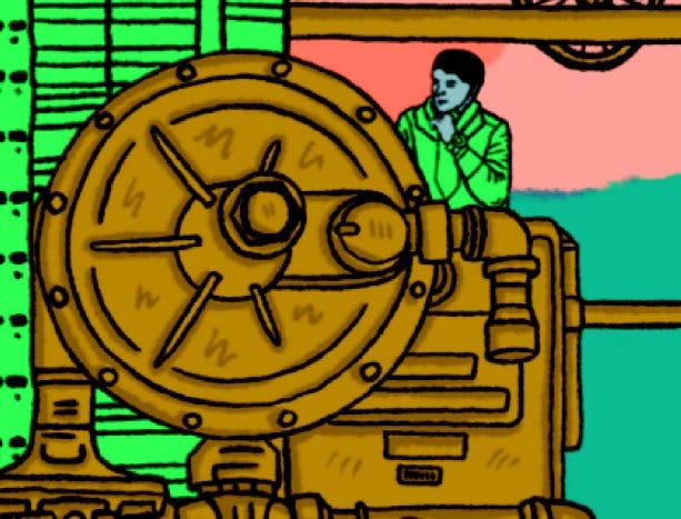 Large flywheel attached to a complex machine. man in a green suit ponders, "is this th econtrol for affordable housing?"
